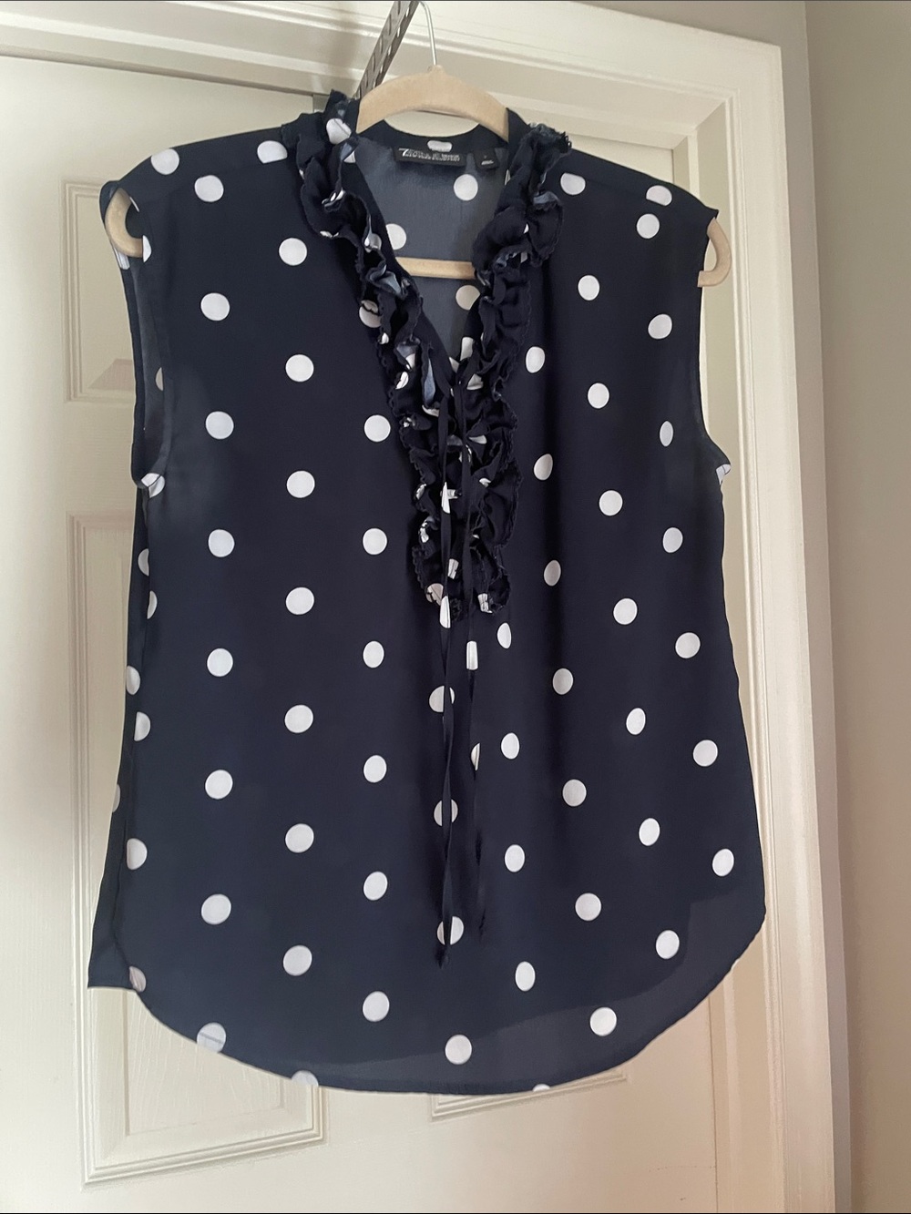 New York & Company Navy and White Polka Dot Ruffle Tie Sleeveless Blouse